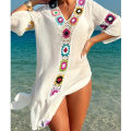 Fashion Style Hand Crochet Flower Block Beachwear Cover Up Beach Holiday Casual See-Through Dress Breathable Sunscreen Smock. 