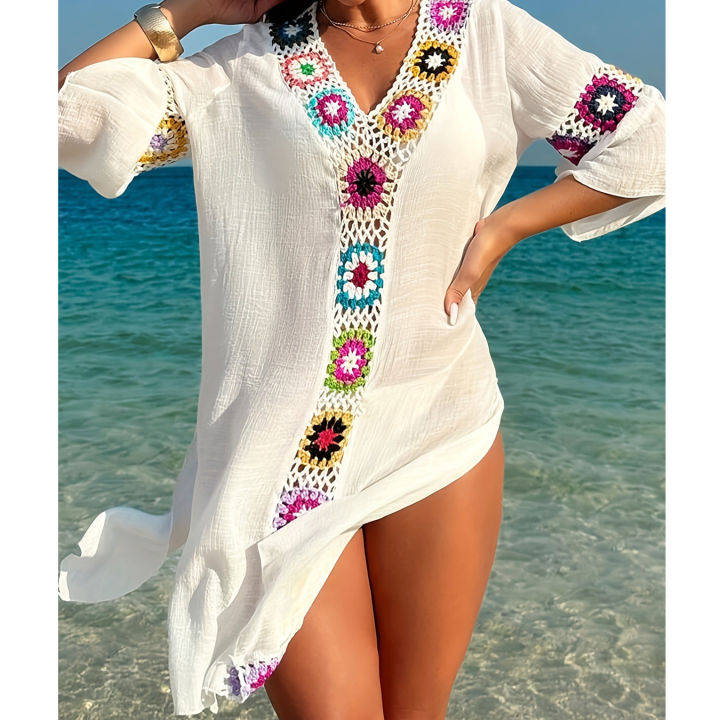 Fashion Style Hand Crochet Flower Block Beachwear Cover Up Beach Holiday Casual See-Through Dress Breathable Sunscreen Smock