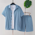 New adult summer open chest button short sleeved+loose shorts casual outfit. 
