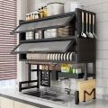 Double door dish rack -3 tier over the sink dish drying rack with flip cover doors multifunctional countertop organizer adjustable metal kitchen rack with drainage cupboard storage (Double door dish rack). 
