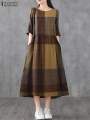 ZANZEA Women Cotton Linen Dresses Vintage Plaid Half Sleeve Midi Vestidos Casual O-neck Long Sundress 2023 Holiday Pocket Robes.