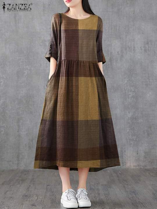 ZANZEA%20Women%20Cotton%20Linen%20Dresses%20Vintage%20Plaid%20Half%20Sleeve%20Midi%20Vestidos%20Casual%20O-neck%20Long%20Sundress%202023%20Holiday%20Pocket%20Robes%20-%20Image%204