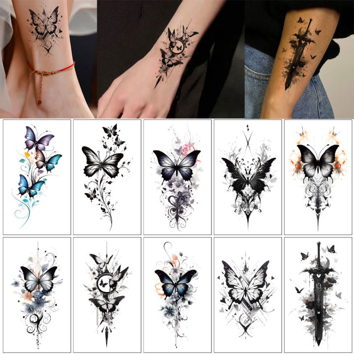 10 Sheets Butterfly Pattern Temporary Tattoos For Women Men Waterproof Flower Fake Tattoo Stickers for Hand
