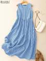 ZANZEA Summer Plaid Checked Sundress Sleeveless Bohemain Holiday Dresses Women Elegant O Neck Dress Casual Baggy Work Vestidos. 