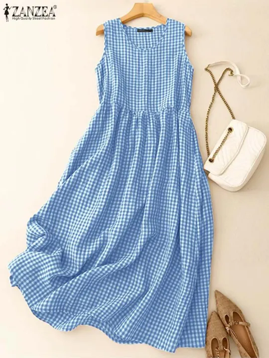 ZANZEA%20Summer%20Plaid%20Checked%20Sundress%20Sleeveless%20Bohemain%20Holiday%20Dresses%20Women%20Elegant%20O%20Neck%20Dress%20Casual%20Baggy%20Work%20Vestidos%20-%20Image%203
