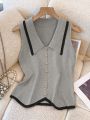 Women's French Collar Knit Sleeveless Vest Contrast Color-Block Design Slimming Regular Fit Button Casual Top for Spring Summer.