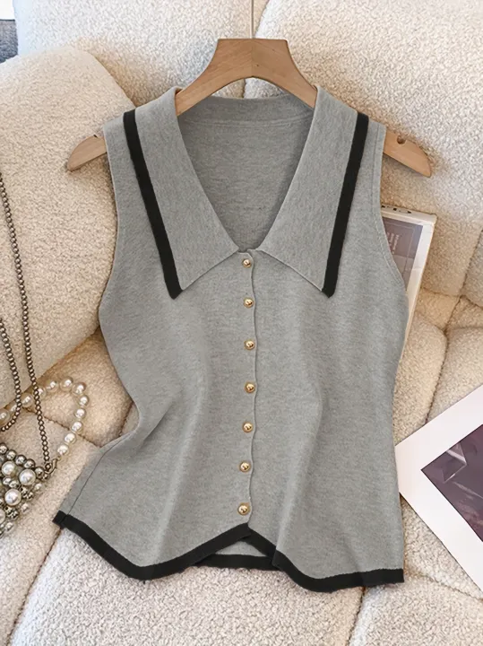 Women's%20French%20Collar%20Knit%20Sleeveless%20Vest%20Contrast%20Color-Block%20Design%20Slimming%20Regular%20Fit%20Button%20Casual%20Top%20for%20Spring%20Summer%20-%20Image%204