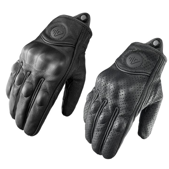Retro Motorcycle Gloves Perforated Glove Breathable Genuine Leather Black All Seasons Moto Racing Cycling Motocross Bike Knight