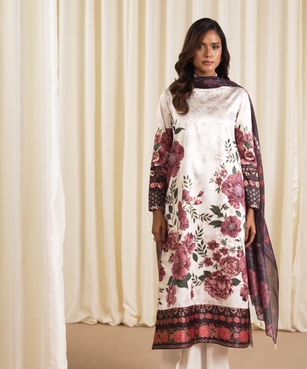 Unstitched 3-Piece  Shirt Foil Printed Blended Satin Shirt 2.3m Fabric: Blended Satin Colour: Off White & Mahenta  Dupatta Printed Blended Tissue Dupatta 2.5m Fabric: Blended Tissue Colour: Magenta  Trouser Dyed Viscose Raw Silk Trouser 2.5m Fabric: Visco