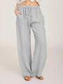 Summer and Autumn Women Cotton Linen Pants Solid Casual Elastic Waist Pockets Wide Leg Trousers Fashion Ladies Straight Pants. 