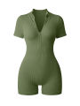 Women's Slimming Textured Short Sleeve Zip Front Athletic Yoga Bodysuit for Fitness Bodybuilding Hip Lifting One Piece. 