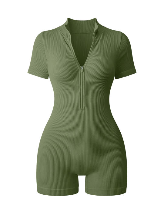 Women's%20Slimming%20Textured%20Short%20Sleeve%20Zip%20Front%20Athletic%20Yoga%20Bodysuit%20for%20Fitness%20Bodybuilding%20Hip%20Lifting%20One%20Piece%20-%20Image%204