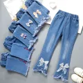 Children's Fashion Jeans Pants 2024 New Girls Retro Casual Pants Children Bell Bottoms Jeans Kids Casual Elastic Denim Trousers. 