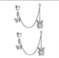 Pair of (2 Pcs) Silver plated Long Chain Butterfly Design Ear Cuffs Earrings for Women and Girls. 