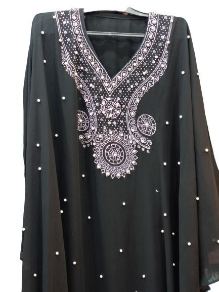 HIGH QUALITY BUTTERFLY STYLE ABAYA BURQA FOR MUSLIM GIRLS PAKISTANI WOMEN BLACK AND WHITE BEADS WORK PEARL WORK ON NECK