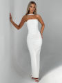 Hugcitar Elegant Scarf Strapless Solid Mesh Gloves  Bodycon Maxi Prom Dress Women Fashion Y2K Outfits Wedding Party Birthday. 