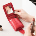 Mini Portable Lipstick Bag With Mirror,Minimalism Small Cosmetic Bag With Button, Crocodile Embossed Women's Makeup Storage Case.