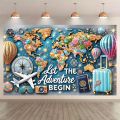 1 adventure-themed large background banner with a shiny world map, hot air balloons and travel signs - perfect for parties. 