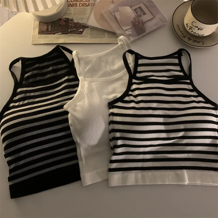 Korean Version Women Tank Tops Thread Solid Casual Fashion Crop Top With Chest Pad Stripe Sleeveless Outer Wear Basic Camisole