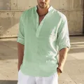 Casual Blouse Loose Men's Shirt Cotton Linen Fashion Stand Collar Pure Long Sleeve Tee Shirt Handsome Fitting Top Men's Wear. 