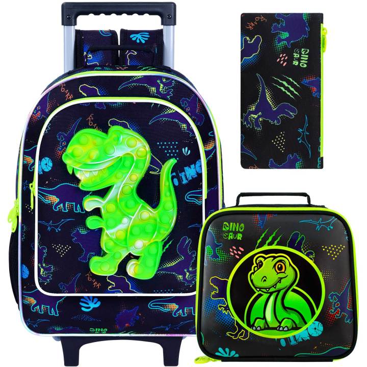 3PCS Rolling Backpack for Boys, Kids Roller Wheels Bookbag, Wheeled School Bag with Lunch Bag