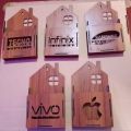 Pack of 3 Mobile Holder and charging stand for Wall mounted wodden in different designs logo of mobile companies. 