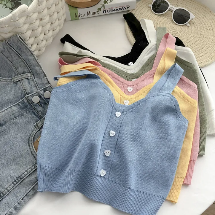 HELIAR Women Button Up Crop Tops Cute Knitted Soft Beach Outwear Tank Tops For Women 2024 Summer Plain Tops