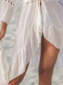 Summer Crochet Boho Beach Swimsuit Bikini Cover Up Lace-Up Hairball Long Blouse Hollow Out Open-Front Cover-Up Duster Kimono.