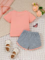 Summer Baby Girls 9-12M Pink Butterfly Print Short Sleeve T-Shirt & Gray Elastic Waist Shorts 2Pcs Set. 