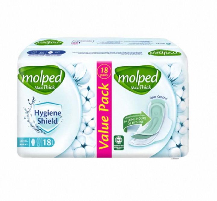 Molped Extra Hygiene Shield Maxi Thick Sanitary Pads, Long, 18 Pads Value Pack: