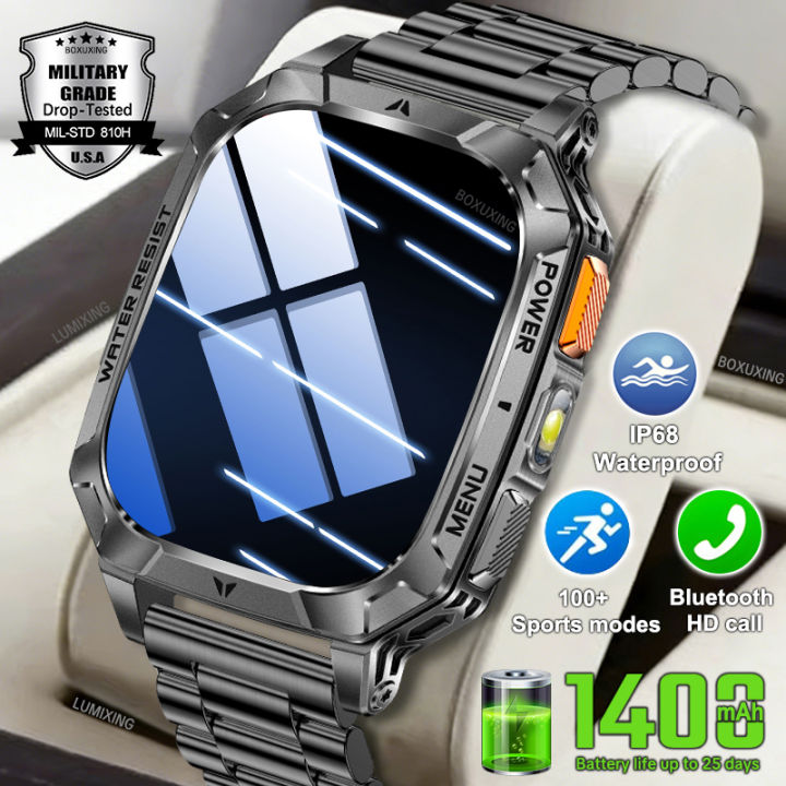 Robust Smartwatch 1400 mAh Battery Fitness Tracking IP68 Waterproof Tactical Sports Flashlight Men BT Call Smart Watch