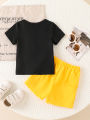 Eye-Catching Black Short-Sleeve Set: Moon Rabbit—Summer Baby’s Cute Outfit. 