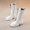 Autumn/Winter ZIP Fashion Cool Baby Girls Warm Square Heel Round Toe Casual Lace-Up Comfortable Kids Black Mid Boots.