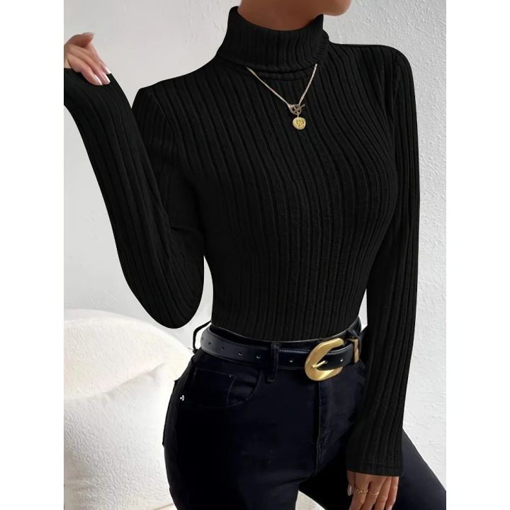 Plus%20Size%201XL-5XL%20Women's%20Slim%20Fit%20Ribbed%20Knit%20Turtleneck%20Knitted%20Sweater%20Long%20Sleeve%20Light%20Gray%20Elegant%20Versatile%20Pullover%20Top%20-%20Image%202