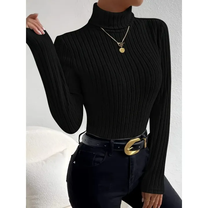 Plus%20Size%201XL-5XL%20Women's%20Slim%20Fit%20Ribbed%20Knit%20Turtleneck%20Knitted%20Sweater%20Long%20Sleeve%20Light%20Gray%20Elegant%20Versatile%20Pullover%20Top%20-%20Image%202