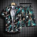 Hawaiian Beach Shirt Ensemble Men's Baggy Short-Sleeved Combo for Hainan Travel Vacation Cartoon Half-Sleeved Floral Shirt Tops. 