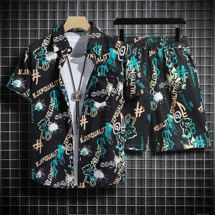 Hawaiian%20Beach%20Shirt%20Ensemble%20Men's%20Baggy%20Short-Sleeved%20Combo%20for%20Hainan%20Travel%20Vacation%20Cartoon%20Half-Sleeved%20Floral%20Shirt%20Tops%20-%20Image%205