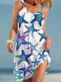 Plus Size Starfish Print Cami Dress, Vacation Style Ruched Backless Spaghetti Strap Dress, Women's Plus Size Clothing.