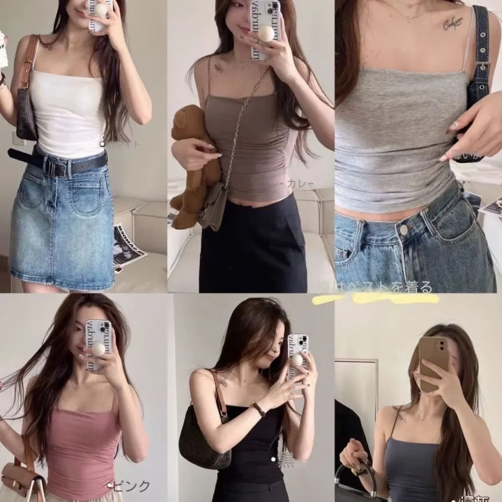 Women's Cotton Sling Camisole Crop Sleeveless Shirt Straps Skinny Tank Summer Simple Lady Bra Base