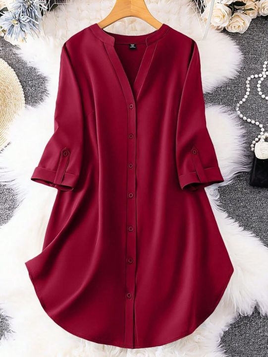 Roll%20Tab%20Sleeve%20flat%20collar%20Neck%20Button%20Front%20Shirt%20For%20Women's%20Wear%20-%20Image%205