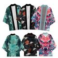 Japanese Traditional Samurai Kimono Men and Women Anime Dragon Pattern Green Loose Three-quarters Sleeved Shirt.