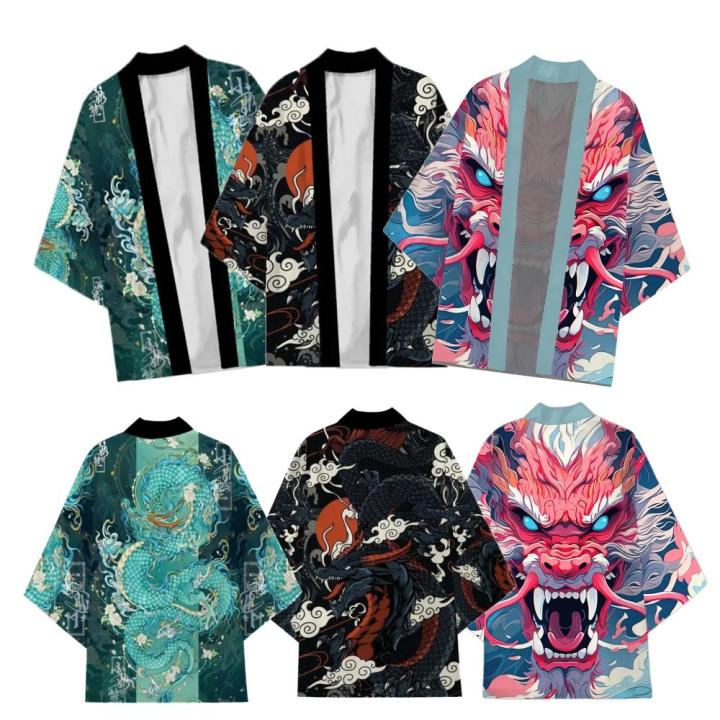 Japanese Traditional Samurai Kimono Men and Women Anime Dragon Pattern Green Loose Three-quarters Sleeved Shirt