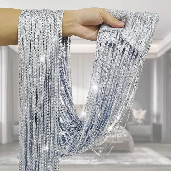 Beaded Flash Tassel Shiny String Curtain Door Room,200by100-Silver