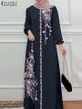 Women Stylish Floral Printed Maxi Dress Muslim Abaya ZANZEA Eid Mubarak Robe Elegant Long Sleeve Casual Vestidos Kaftan IsIamic.