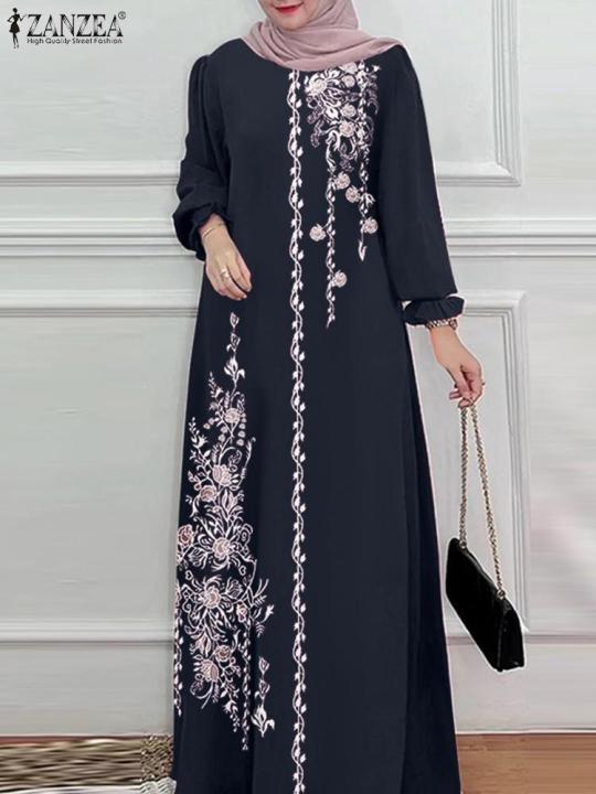 Women Stylish Floral Printed Maxi Dress Muslim Abaya ZANZEA Eid Mubarak Robe Elegant Long Sleeve Casual Vestidos Kaftan IsIamic