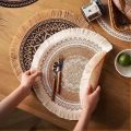 Boho Round Placemat 15 Inch Farmhouse Woven Jute Fringe TableMats with Pompom Tassel Place Mat for Dining Room INS Table Decors. 