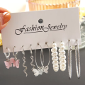 Women's Pink Butterfly Earrings Swirly Dangles/Imitation Pearl /Textured Silver Color Hoop Earrings Diverse Earring Set.