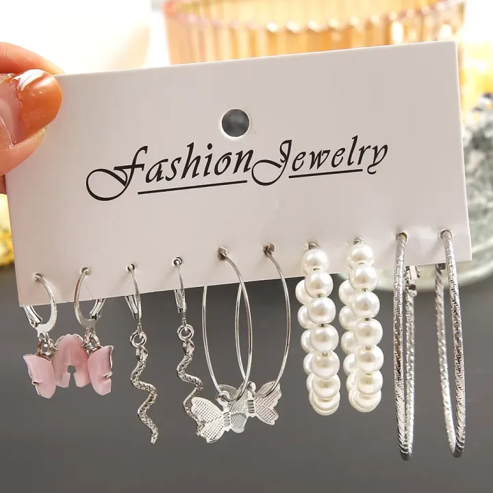 Women's%20Pink%20Butterfly%20Earrings%20Swirly%20Dangles/Imitation%20Pearl%20/Textured%20Silver%20Color%20Hoop%20Earrings%20Diverse%20Earring%20Set%20-%20Image%206
