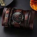 5Pcs Men's Fashion Trend Simple Business Three Eyes Calendar Digital Leather Strap Quartz Watch Luxury Leather Bracelet Set. 