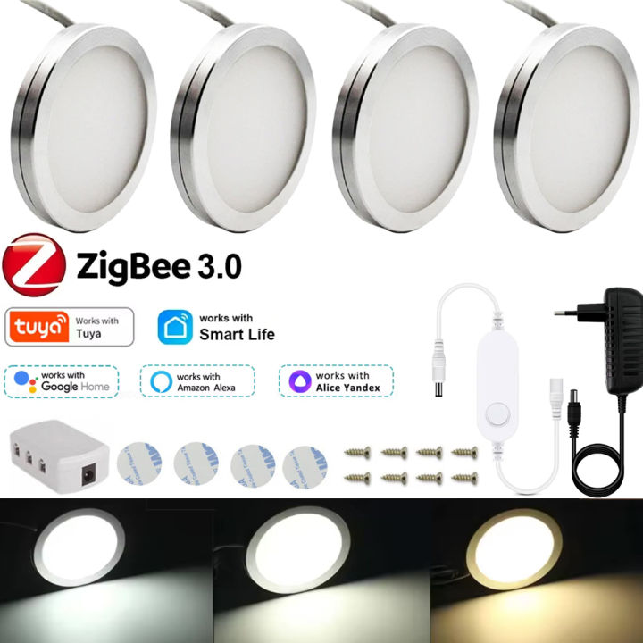Zigbee 3.0 Under Cabinet Lights Warm White DC12V LED Round Lamp Dimming Kitchen Decor Tuya APP Voice Control For Alexa 